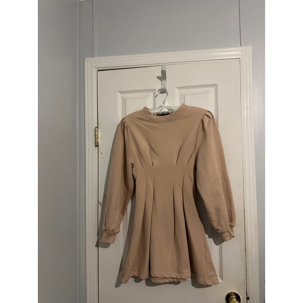 Forever 21 Tan Beige Puff Sleeve Pleated Sweatshirt Mini Dress Small